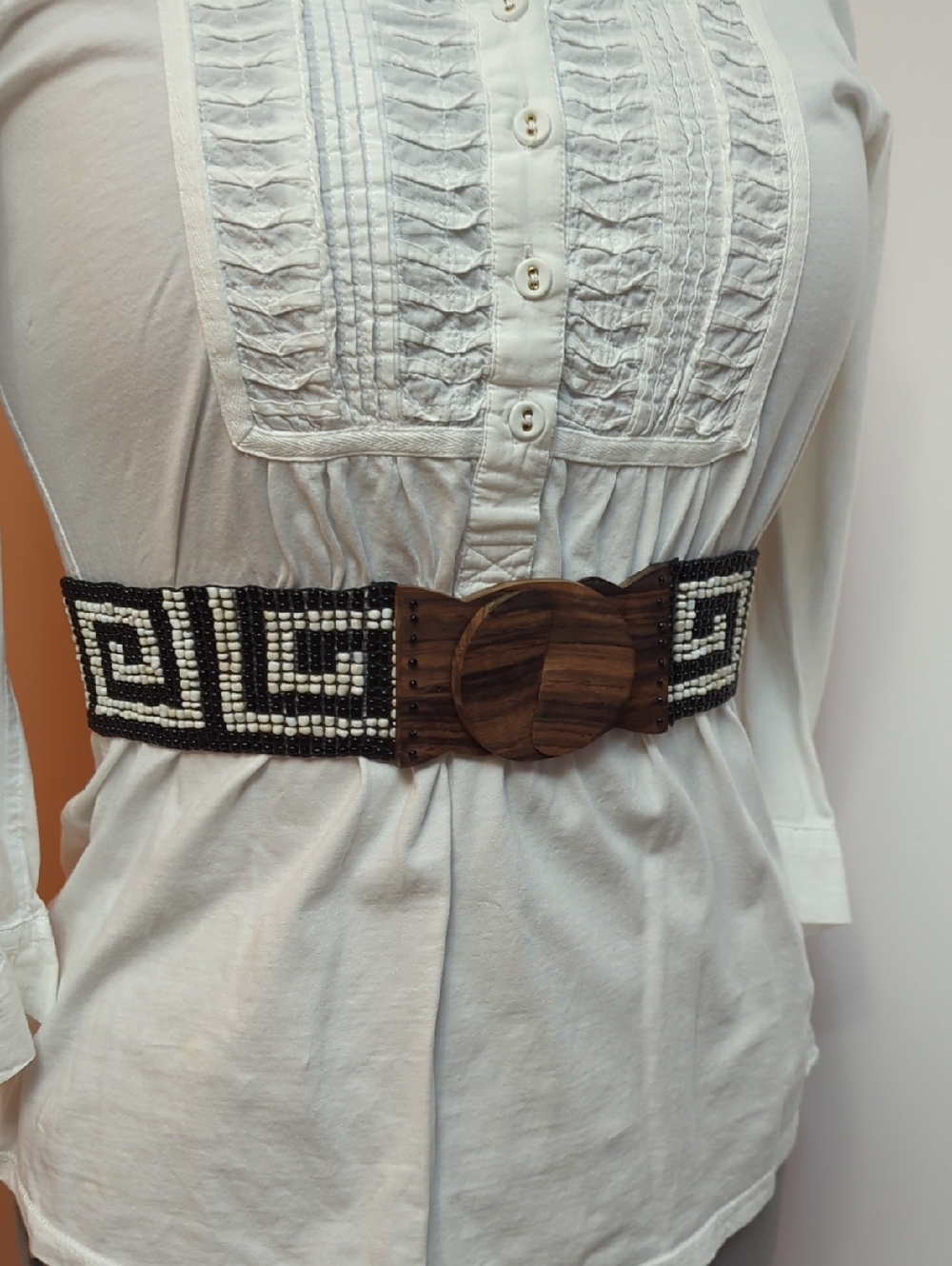 Beaded Black & White Geometric Stretch Belt with Wood Buckle